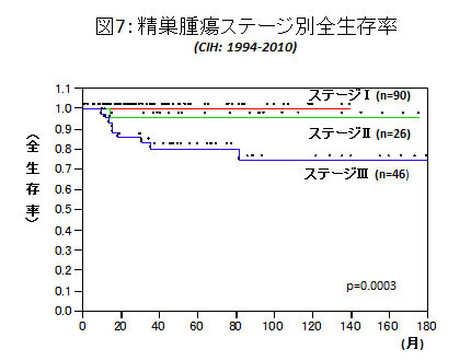 図7:精巣腫瘍ステージ別実測生存率曲線